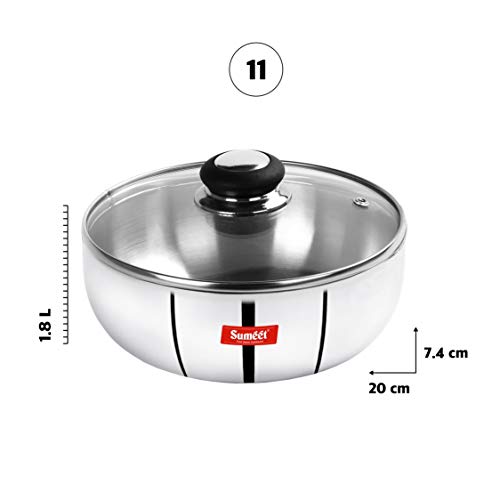 Sumeet 3mm Induction Bottom Aluminium Tasra with Glass Lid (1.8Ltr, 20cm)