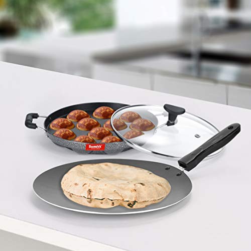 Sumeet NonStick Arian Cookware Set (Conceve/Roti Tawa - 28Cm Dia + Grill Appam Patra with Glass Lid - 12 Cavity - 22cm Dia)
