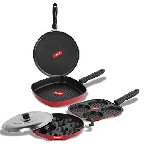 Sumeet 2.6mm Thick Non-Stick Esperanto Cookware Set (Dosa Tawa – 26.5cm Dia + Mini Multi Snack Maker – 19.5cm Dia + Grill Appam Patra with Lid – 23cm Dia + Grill Pan – 1.1Ltr Capacity – 22cm Dia)