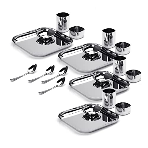 Sumeet Square Stainless Steel Heavy Gauge Mirror Finish Dinner Set of 20 Pc (4 Plate, 4 Halwa Plate, 4 Bowl , 4 Glass, 4 Spoon)