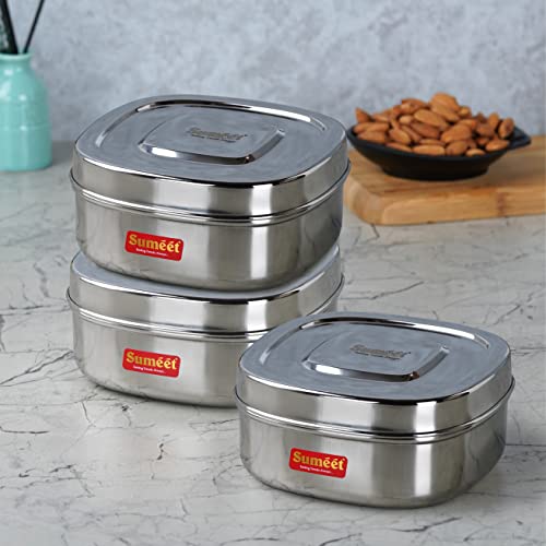 Sumeet Stainless Steel Square Storage containers Box/Dabba for Kitchen, Set of 3Pcs, 1000ml, 14cm Dia, Silver