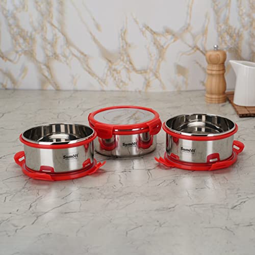 Sumeet Airtight & Leak Proof Steelexo S.S. Container/Lunch Box with Stainless Steel Lid Set Pack of 3Pcs (900ML, 14.5CM) - Silver