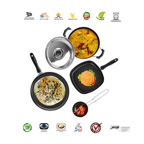 Sumeet 2.6mm Thick Non-Stick Piros Cookware Set (Dosa Tawa – 26.5cm Dia + Kadhai with Lid – 1.5Ltr Capacity- 20cm Dia + Grill Pan – 1.1Ltr Capacity – 22cm Dia + Tadka Pan – 10cm Dia)