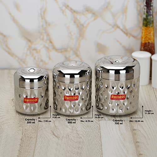 Sumeet Stainless Steel Vertical Utility Canisters/Ubha Dabba/Storage Containers with Design Set of 3pcs (350ml, 500ml,700ml), Silver