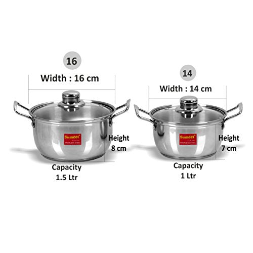 Sumeet Stainless Steel Induction Bottom (Encapsulated Bottom) Induction & Gas Stove Friendly Conical Shape Casserole Size No.14 (1 LTR) & Size No.16 (1.5 LTR)