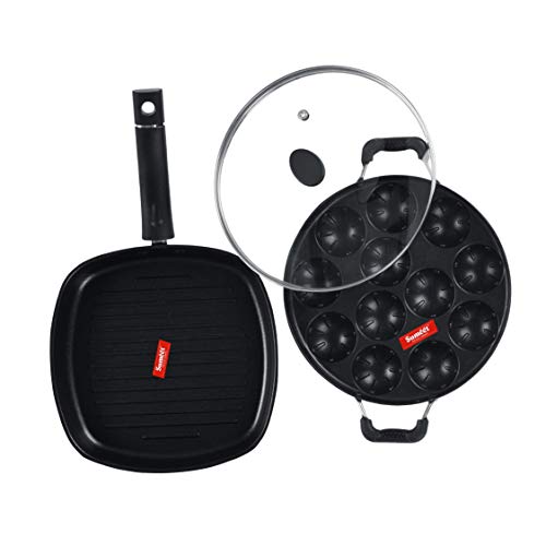 Sumeet NonStick Imvi Cookware Set (Grill Appam Patra with Glass Lid - 12 Cavity - 22cm Dia + Grill Pan-22cm Dia)