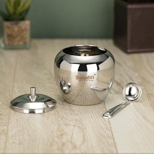 Sumeet Stainless Steel Apple Shape Ghee and Oil Pot, Storage Container with Spoon for Kitchen, 9cm Dia, 350ML - Silver (Pack of 1)