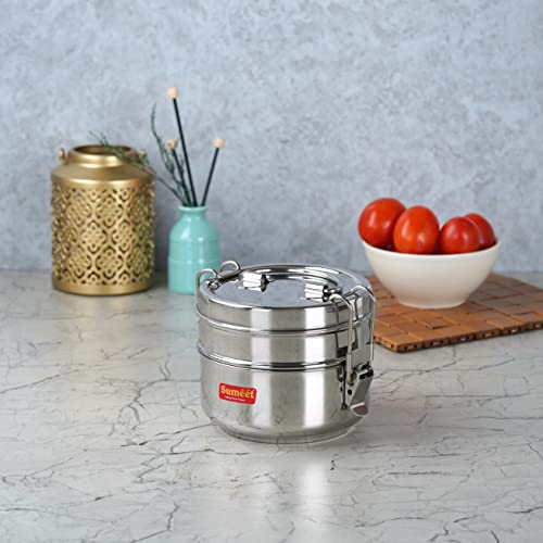 Sumeet Stainless Steel Small Size 2 Compartment Lunch Box/Tiffin with Lid and Handle, 10Cm Dia, (700ML, Silver)