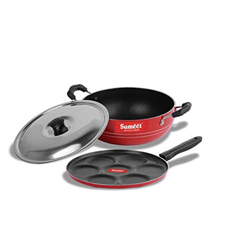 Sumeet 2.6mm Thick Non-Stick Rasberry Cookware Set (Multi Snack Maker – 26.5cm Dia + Kadhai with Lid – 1.5Ltr Capacity- 20cm Dia)