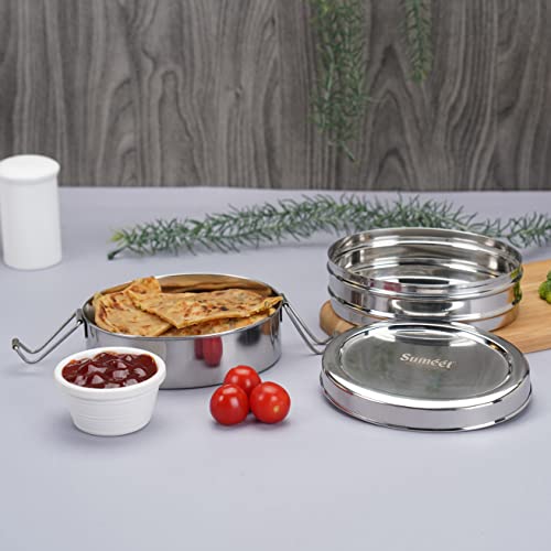 Sumeet Stainless Steel Oval Lunch Box/Tiffin with 2 Compartments and Locking Clip, 850ML, Ideal for 2 Person - Silver