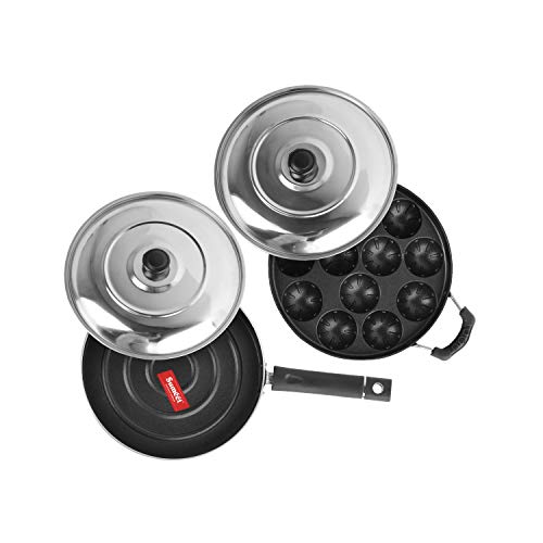 Sumeet 2.6mm Thick Non-Stick Red Indian Cookware Set (Grill Appam Patra with Lid – 23cm Dia + Pizza Pan – 23cm Dia)