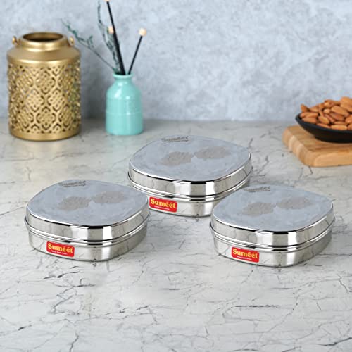 Sumeet Stainless Steel Designer Square Storage containers Box/Dabba for Kitchen, Set of 3Pcs, 350ml, 12cm Dia, Silver