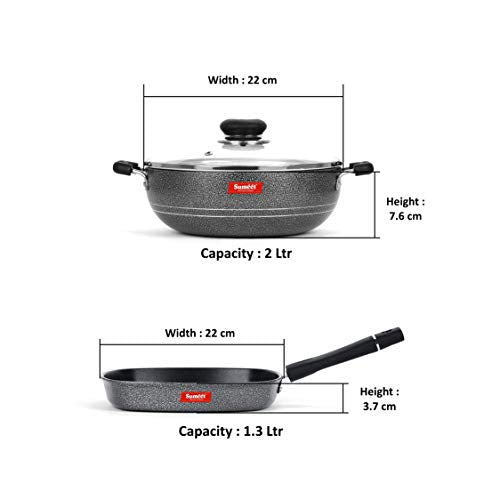 Sumeet NonStick Argento Cookware Set (Kadhai with Glass Lid -2Ltr - 22Cm Dia + Grill Pan-22cm Dia)