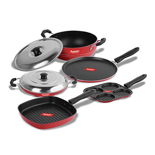 Sumeet 2.6mm Thick Non-Stick Dearg Cookware Set (Dosa Tawa – 26.5cm Dia + Mini Multi Snack Maker – 19.5cm Dia + Kadhai with Lid – 1.5Ltr + Grill Appam Patra with Lid – 23cm Dia + Grill Pan – 1.1Ltr)