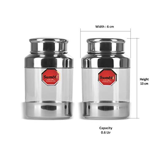 Sumeet Stainless Steel See Through Clear Container Jars Set of 2 Capacity - 600ML, Dia - 6 cm (Each)