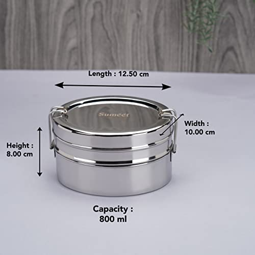 Sumeet Stainless Steel Oval Lunch Box/Tiffin with 2 Compartments and Locking Clip, Set of 2 Pcs, 800ML Each, Ideal for 2 Person - Silver