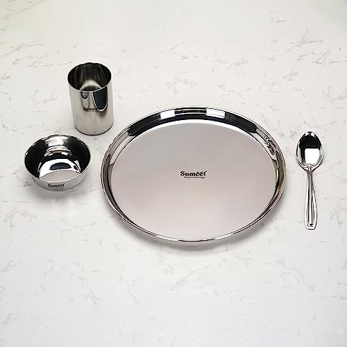 Sumeet Stainless Steel Heavy Gauge Mirror Finish Dinner Set of 4 Pcs (1 Plate, 1 Bowl/Wati, 1 Glass, 1 Spoon), Silver