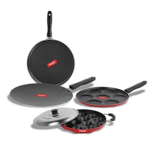 Sumeet 2.6mm Thick Non-Stick Rod Cookware Set (Dosa Tawa – 26.5cm Dia + Multi Snack Maker – 26.5cm Dia + Grill Appam Patra with Lid – 23cm Dia + Concave Tawa – 28cm Dia)
