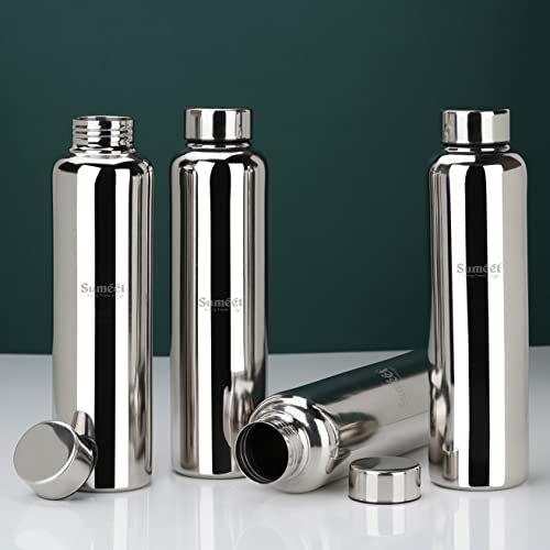 Sumeet Stainless Steel Jointless Akhand Leak-Proof Water Bottle / Fridge Bottle - 1000ML Set of 4, Silver
