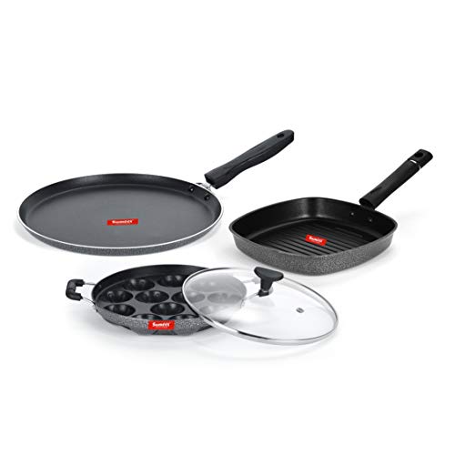 Sumeet NonStick Harmaa Cookware Set (Dosa Tawa - 26.5Cm Dia + Grill Appam Patra with Glass Lid - 12 Cavity - 22cm Dia + Grill Pan-22cm Dia)