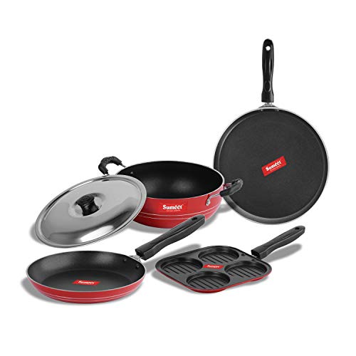 Sumeet 2.6mm Thick Non-Stick Rodze Cookware Set (Dosa Tawa – 26.5cm Dia + Mini Multi Snack Maker – 19.5cm Dia + Kadhai with Lid – 1.5Ltr Capacity- 20cm Dia + Tapper pan – 20cm Dia)