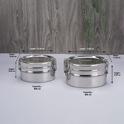 Sumeet Stainless Steel Oval Lunch Box/Tiffin with 2 Compartments and Locking Clip, Set of 2 Pcs, 800ML & 850ML Each, Ideal for 4 Person - Silver