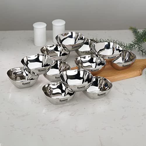 Sumeet Heavy Gauge Stainless Steel Apple Square Bowl/Wati/Katori with Mirror Finish – 9.5cm Dia, Set of 12pc, 200ML Each - Silver