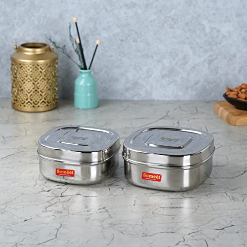 Sumeet Stainless Steel Square Storage containers Box/Dabba for Kitchen, Set of 2Pcs,550ml & 700ml, 11cm & 12.5cm Dia, Silver