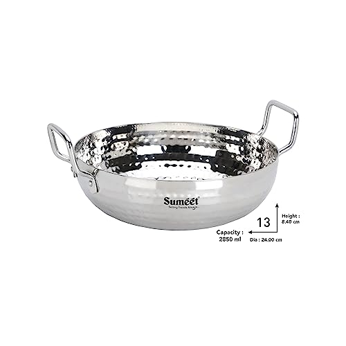 Sumeet Stainless Steel Handcrafted Hammered Mathar Kadai for Kitchen, Big Size, 2850ML, 24cm Dia, Pack of 1, Silver