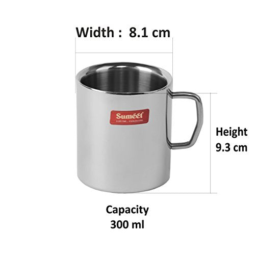Sumeet Stainless Steel Double Wall Tea and Coffee Big Mug Set of 2Pcs (300 Ml Each)