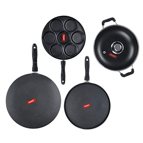 Sumeet NonStick Svartur Cookware Set (Dosa Tawa - 26.5Cm Dia + Multi Snack Maker - 7 Cavity - 26.5Cm Dia + Kadhai with Glass Lid -2Ltr - 22Cm Dia + Conceve/Roti Tawa - 28Cm Dia)
