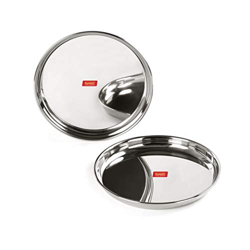 Sumeet Stainless Steel Heavy Gauge Deep Wall Dinner Plates with Mirror Finish 26.6cm Dia - Set of 2pc
