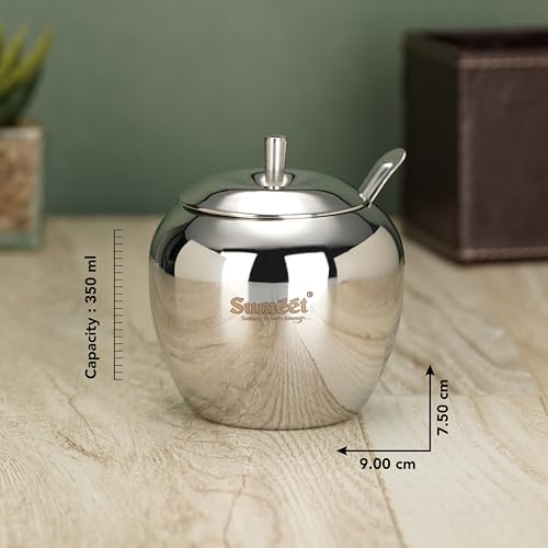 Sumeet Stainless Steel Apple Shape Ghee and Oil Pot, Storage Container with Spoon for Kitchen, 9cm Dia, 350ML - Silver (Pack of 1)