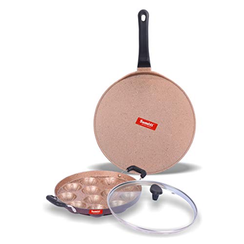 Sumeet Nonstick Granite Finish Kapow Cookware Set (Tawa 30.5cm Dia + Grill Appam Patra with Glass Lid - 12 Cavity - 23cm Dia)