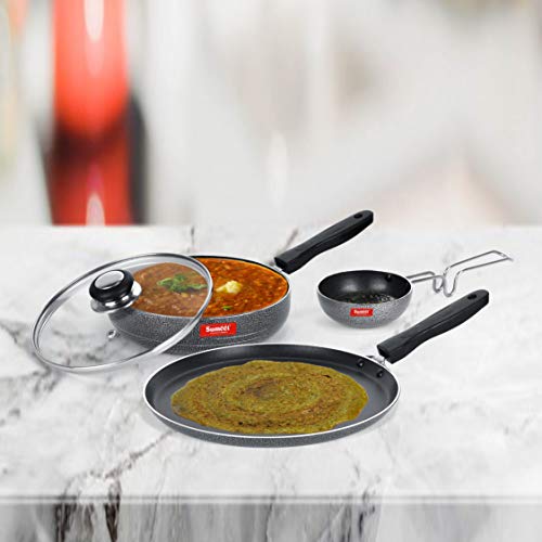 Sumeet NonStick Perak Cookware Set (Dosa Tawa - 26.5Cm Dia + Frypan with Glass Lid - 1.5Ltr - 22Cm Dia + Waghariya/Tadka pan - 190Ml - 10Cm Dia)