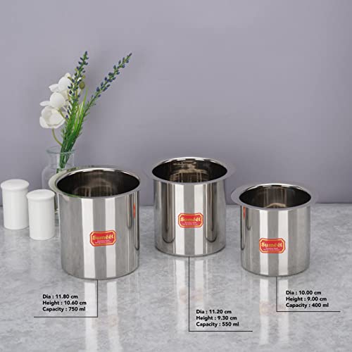 Sumeet Stainless Steel Ganj / Milk Boiler / Milk Pot /Long Tapeli Set of 3 Pieces (400ml, 550ml, 750ml), Silver