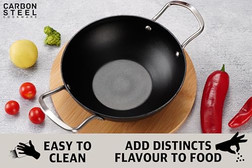 Sumeet Super Smooth Pre Seasoned Carbon Steel (Iron) Deep Kadai for Cooking and Deep Frying|Naturally Nonstick |22cm | 1750ml, Gas & Induction-Friendly, Black