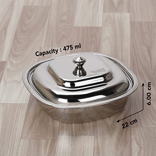 Sumeet Stainless Steel Square Serving Bowl / Curry Bowl / Gravy Pot with lid