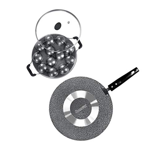 Sumeet NonStick Salapi Cookware Set (Flat Tawa - 30.5cm Dia + Grill Appam Patra with Glass Lid - 12 Cavity - 22cm Dia)