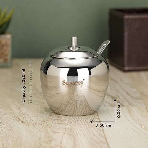 Sumeet Stainless Steel Apple Shape Ghee and Oil Pot, Storage Container with Spoon for Kitchen, 7.5cm Dia, 220ML - Silver (Pack of 2)