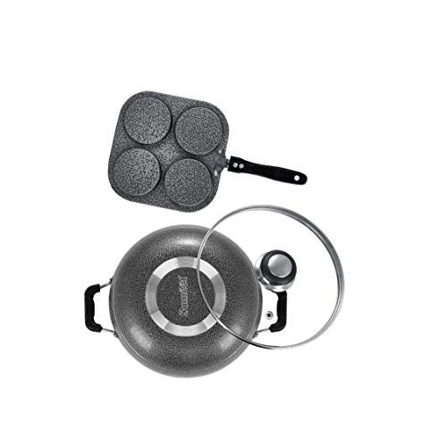 Sumeet NonStick Sidabras Cookware Set (Kadhai with Glass Lid -2Ltr - 22Cm Dia + Mini Multi Snack Maker - 4 Cavity -19.5cm)