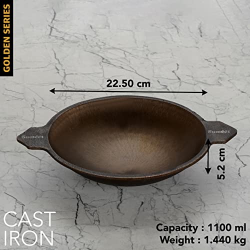Sumeet Super Smooth Gold Series Pre Seasoned Cast Iron Appachatti for Vellapam/Paalappam/Appam |22.5cm 1.4kg.