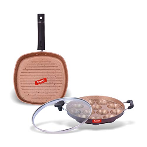 Sumeet Greaser Aluminium Grill Appam Patra With Lid, Grill Pan, 1.1 L Grill Pan, 12 Piece (Peach)