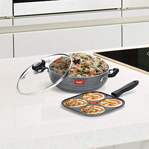 Sumeet NonStick Sidabras Cookware Set (Kadhai with Glass Lid -2Ltr - 22Cm Dia + Mini Multi Snack Maker - 4 Cavity -19.5cm)