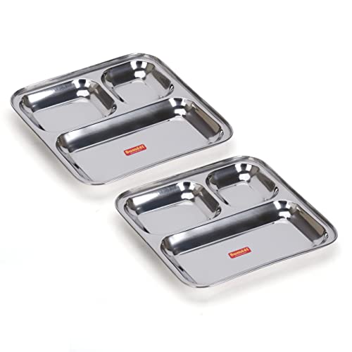 Sumeet Stainless Steel 3 in 1 Idli WADA Compartment Plate / Snack Plate / Breakfast Plate Set of 2Pcs, 24.5cm Dia, Silver