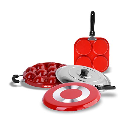 Sumeet 2.6mm Thick Non-Stick Get Red Combo Set (Dosa Tawa – 26.5cm Dia + Multi Snack Maker – 26.5cm Dia + Grill Appam Patra with Lid – 23cm Dia)