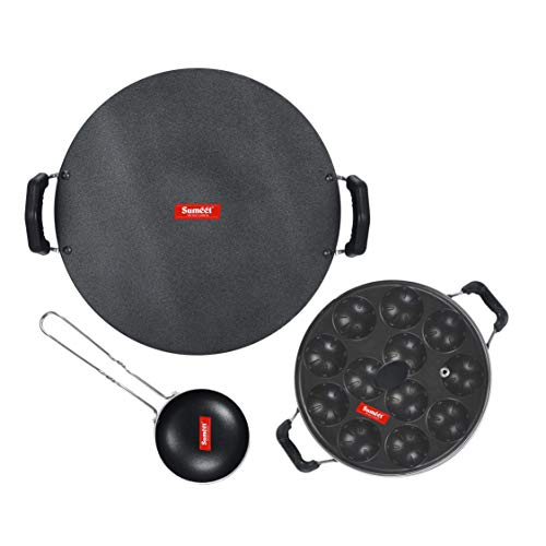 Sumeet NonStick Cinzento Cookware Set (Tawa-30.5cm Dia + Grill Appam Patra with Glass Lid - 12 Cavity - 22cm Dia + Waghariya/Tadka pan - 190Ml - 10Cm Dia)