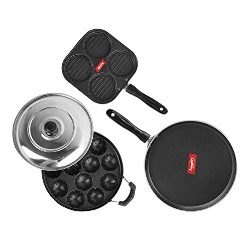 Sumeet 2.6mm Thick Non-Stick Get Red Combo Set (Dosa Tawa – 26.5cm Dia + Multi Snack Maker – 26.5cm Dia + Grill Appam Patra with Lid – 23cm Dia)