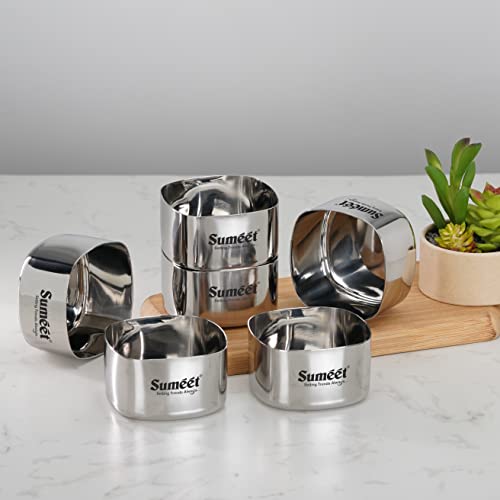 Sumeet Heavy Gauge Stainless Steel Square Bowl/Wati/Katori with Mirror Finish – 7cm Dia, Set of 6pc, 200ML Each - Silver