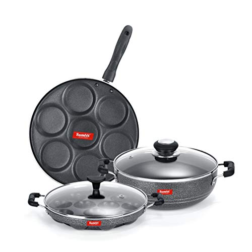 Sumeet NonStick Liath Cookware Set (Multi Snack Maker - 7 Cavity - 26.5Cm Dia + Kadhai with Glass Lid -2Ltr - 22Cm Dia + Grill Appam Patra with Glass Lid - 12 Cavity - 22cm Dia)